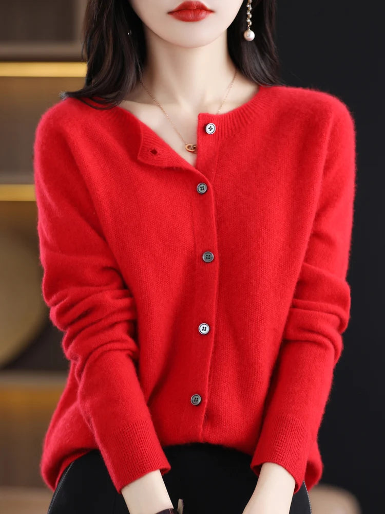 Suéter Feminino de Cashmere 100% Lã Merino Cardigã de Malha Outono Inverno Malharia Gola Redonda Feminina Cor Sólida Casual Top de Moda