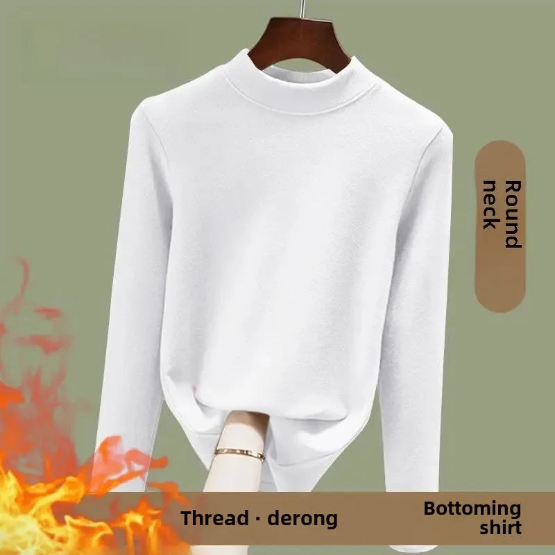 Warm Long Sleeve Crew Neck T Shirt Fashionable Spring Commute Thermal Base Layer Shirt Single Dual Threaded Velvet Polyester Fib - L ([recommended 50.00 kg-57.50 kg]) Elegant green [A046 single piece]]