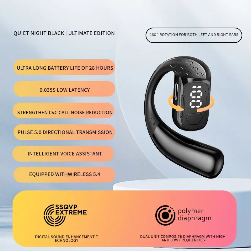 Fone de Ouvido Sem Fio Rotação 180° Ajustável Esquerdo Direito Aberto Bluetooth 5.4 Orelha Universal Microfone Esporte Negócios Música Gancho de Orelha