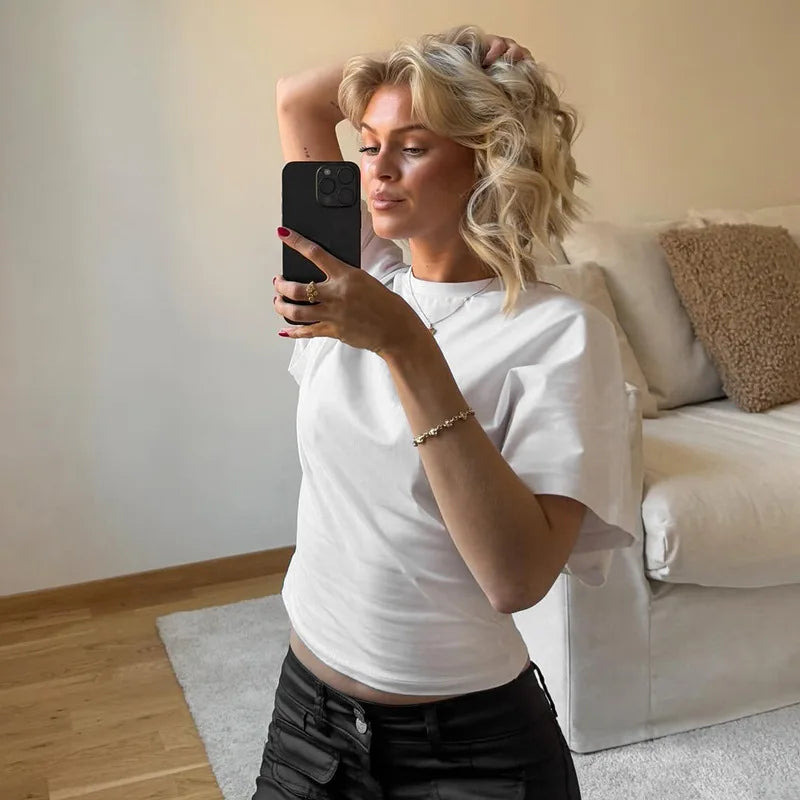 Camiseta Cropped Cinza Sólida Casual Fashion 2025 Roupas Femininas Gola O Tops Estilo Corset Streetwear Meninas Primavera Verão Camisetas Curtas - BRANCA M