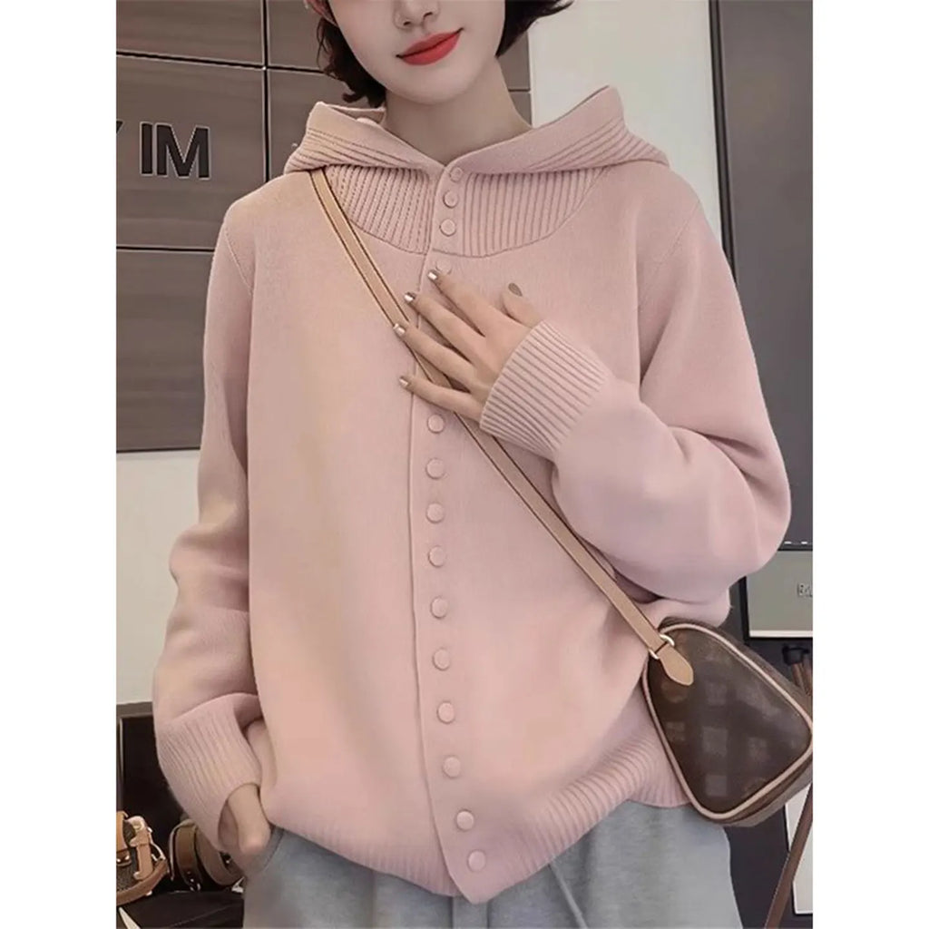 Suéter de malha com capuz cinza feminino solto quente outono inverno casaco estilo cardigã moda confortável respirável Top 1 - L veste 50-57,5kg Rosa de alta qualidade