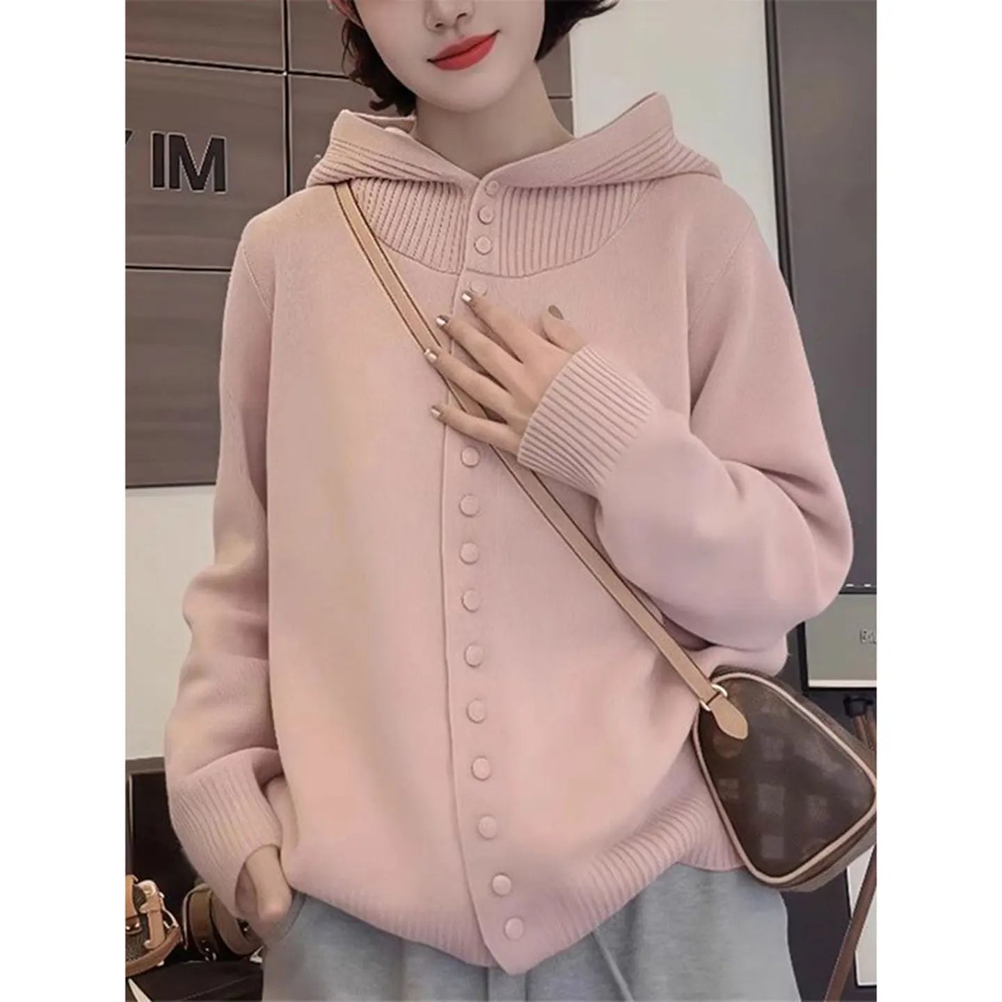 Suéter de malha com capuz cinza feminino solto quente outono inverno casaco estilo cardigã moda confortável respirável Top 1 - L veste 50-57,5kg Rosa de alta qualidade