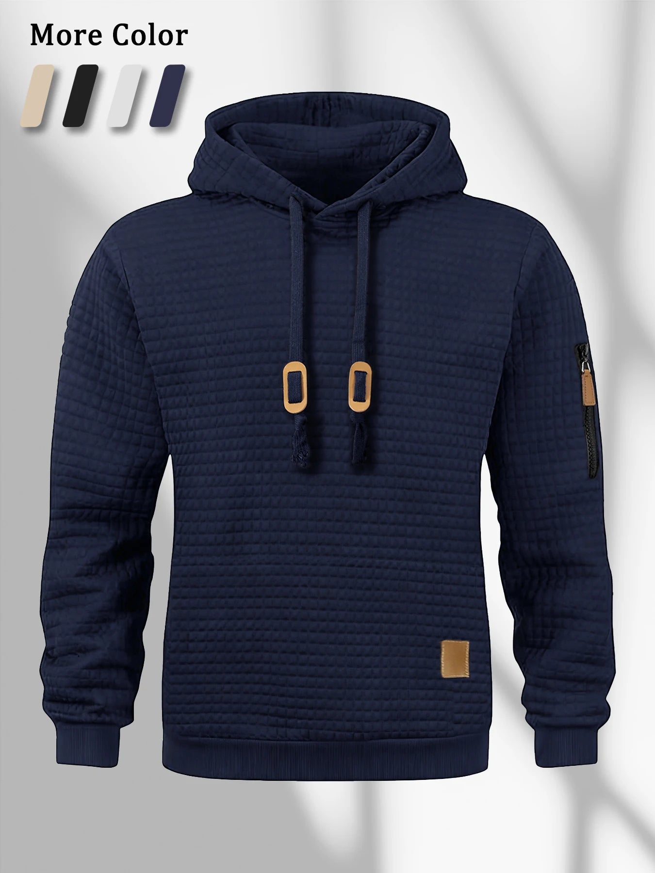 Moletom Masculino de Outono com Capuz Padrão Waffle Manga Longa Cor Sólida Casual Quente Pulôver Esportivo Masculino para Ar Livre