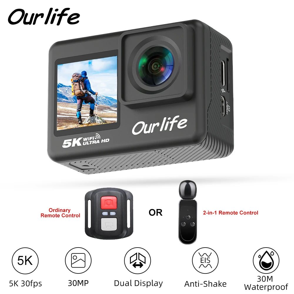 Câmera de Ação Ourlife 5K30FPS - LCD Sensível ao Toque 2.0'' - 170°