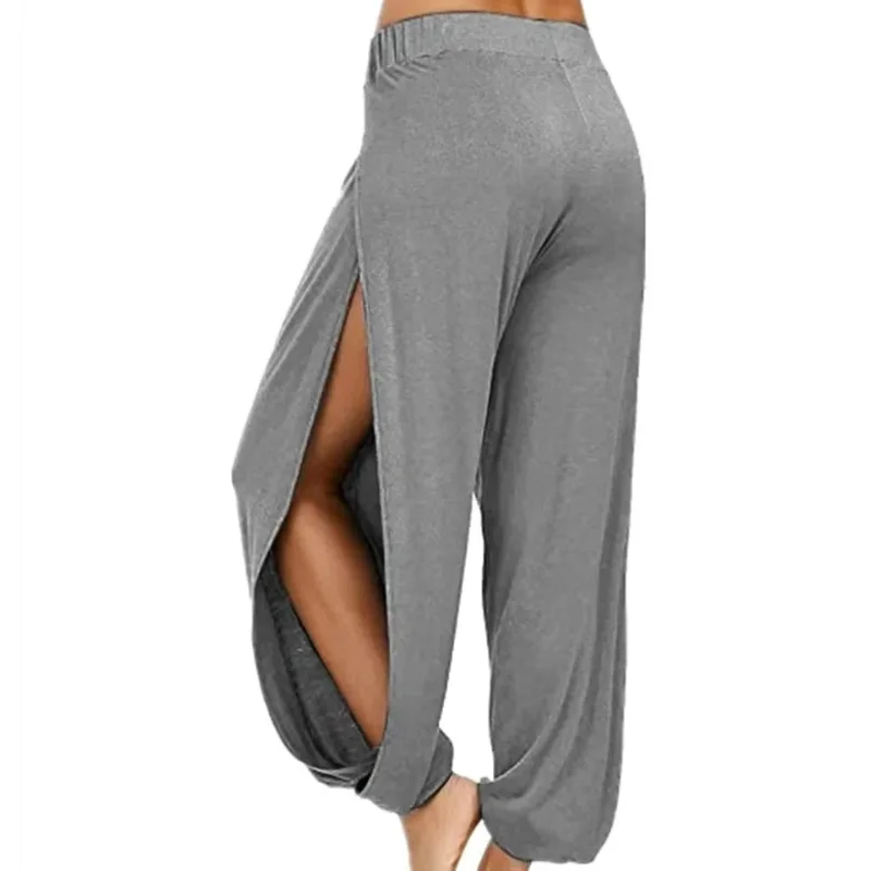 Calça Feminina Harem de Ioga com Fenda de Cintura Alta e Perna Larga Calça Legging de Academia Casual Sólida Vazada para Treino Calça para Academia e Uso Doméstico