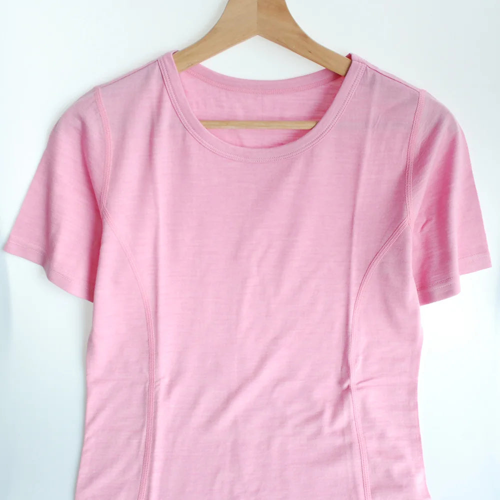 Camiseta Feminina de Lã Merino Manga Curta Gola Redonda Camada Base Próxima à Pele Roupas Esportivas Secagem Rápida - 16.6micro200GSM G (Tórax 96cm)