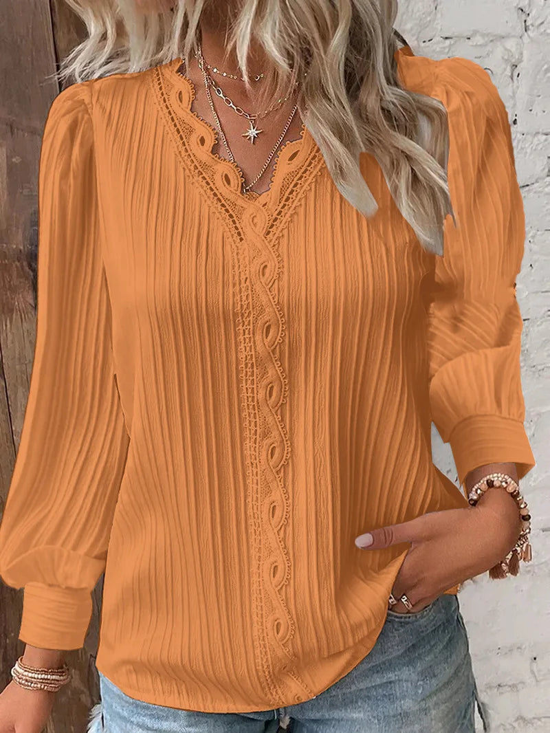 Elegant Summer Hollow Lace Patchwork Women Shirt Chic Blouse V Neck Long Sleeve Shirt Plain Lace Casual Basic Regular Tops - Gold S