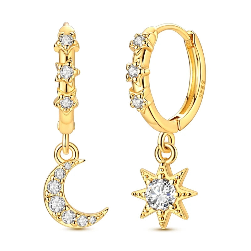 Star Moon Sun Hoop Earrings 925 Sterling Silver Original Star Shining Zircon Tassel Long Earrings For Women Luxury Jewelry Gift