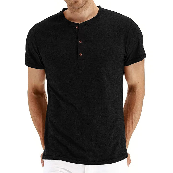 Camiseta Masculina Algodão de Qualidade Gola Henley Design de Moda Slim Fit Cor Sólida Tops Masculinos Camisetas Manga Curta Para Homens