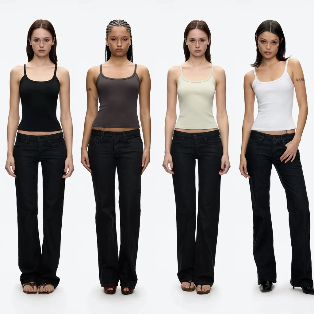 Regata Básica U Neck com Alças Finas Camisola Ajustada e Que Cai Bem Camisola Camada Base de Cor Sólida Blusa Canelada Slim Fit Versátil Minimalista Preto e Branco - preto P