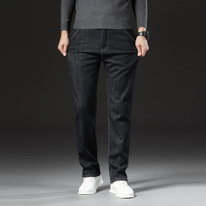 Inverno Cordeiro Flanela Jeans Reto Masculino Engrossar Tamanho Grande 40 Calças Jeans Cintura Alta Jeans Elástico Forrado de Lã Quente Slim Vaqueros