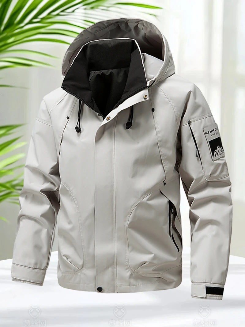 Jaqueta Impermeável Masculina Outdoor Softshell com Zíper e Capuz Corta-Vento para Caminhada e Acampamento Leve Primavera Outono