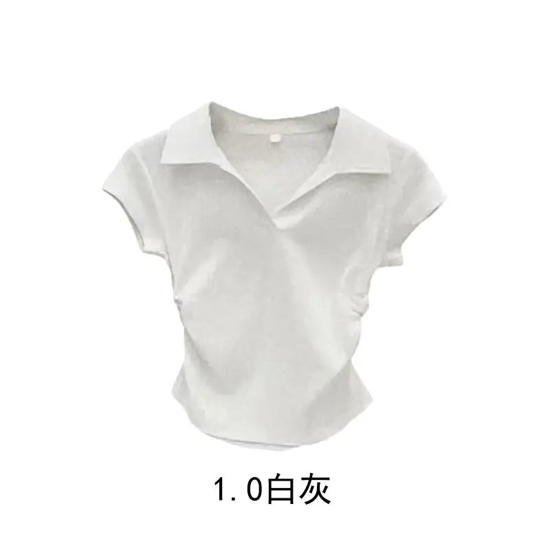 Cotton Summer Sexy Womens T Shirt Skinny Slim Basic Solid Crop Top Short Sleeve Polo Tshirtcasual Top Tee For Women - White L