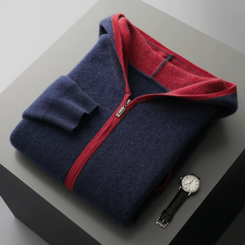 Outono Inverno Novo Suéter de Caxemira 100% Blusão Masculino Cardigã com Zíper e Capuz em Camada de Ar Engrossado Bloco de Cores Suéter de Tricô Jaqueta