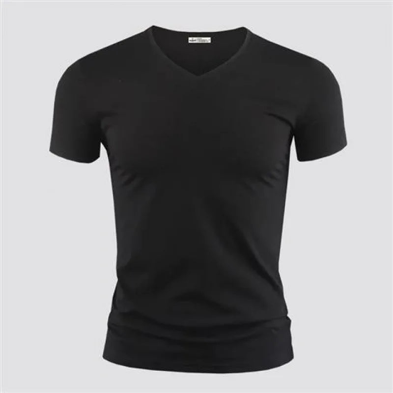 Camiseta Masculina 2026 Cor Sólida Gola V Manga Curta Blusas Camisetas Masculinas Camiseta Preta Justa Camisetas Masculinas Fitness para Roupas Masculinas