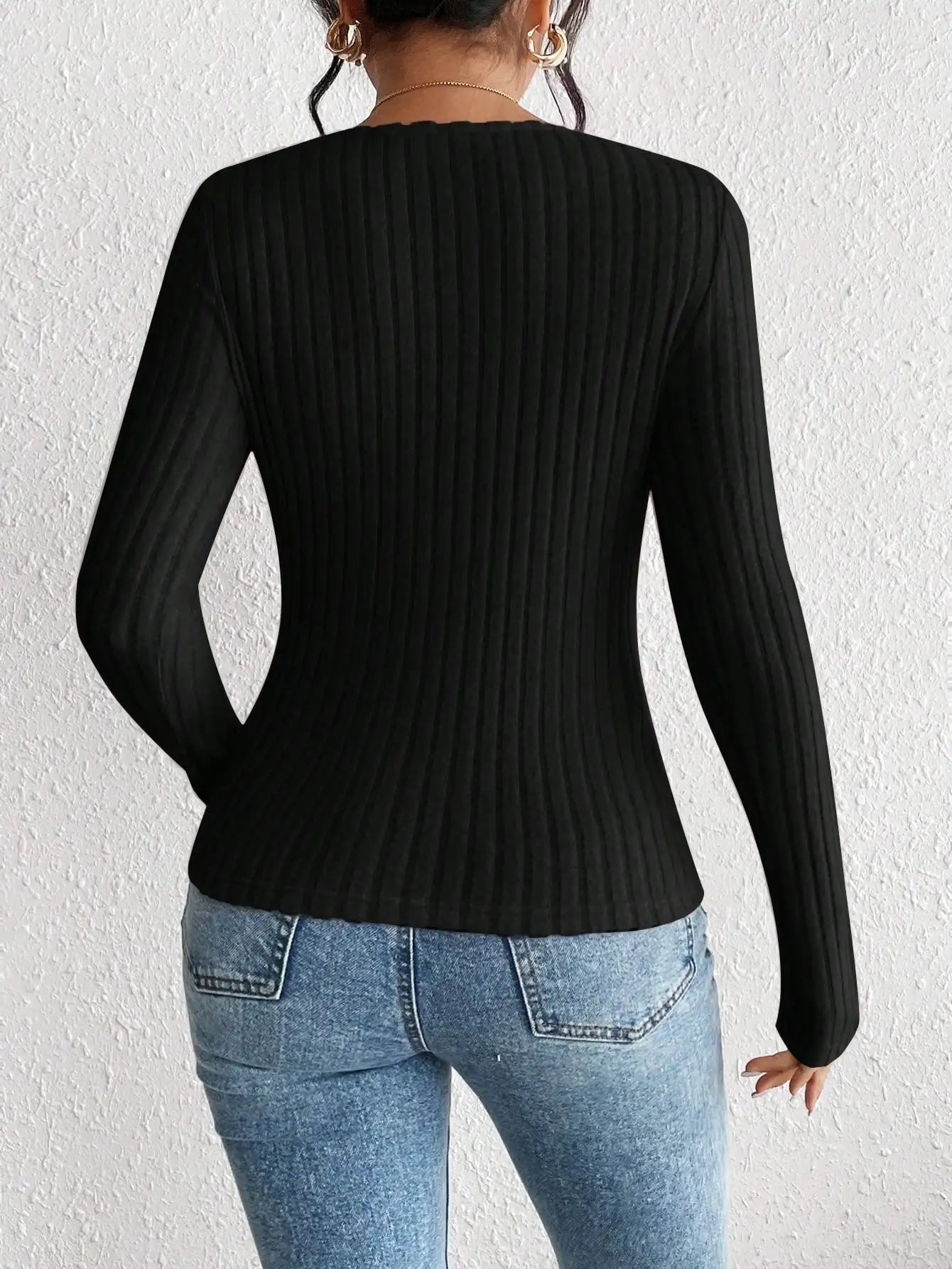 Autumn And Winter Fashion Diamond Collar Knitted Bottom Shirt Womens Casual Long Sleeved Tops Knitted Long Sleeved T Shirt - Haze blue 53508-3 S
