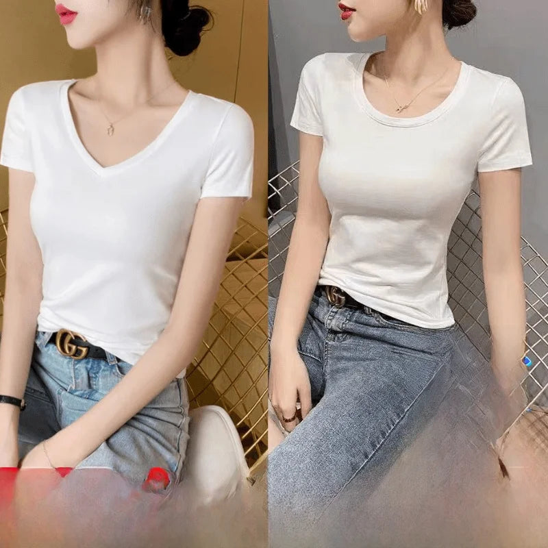 Summer Womens Slim Fit Short Sleeve T Shirt Half Sleeve Base Shirt Versatile Base Layer Top Quality Polyester Fiber Commute - M V white + v white [2-pack]