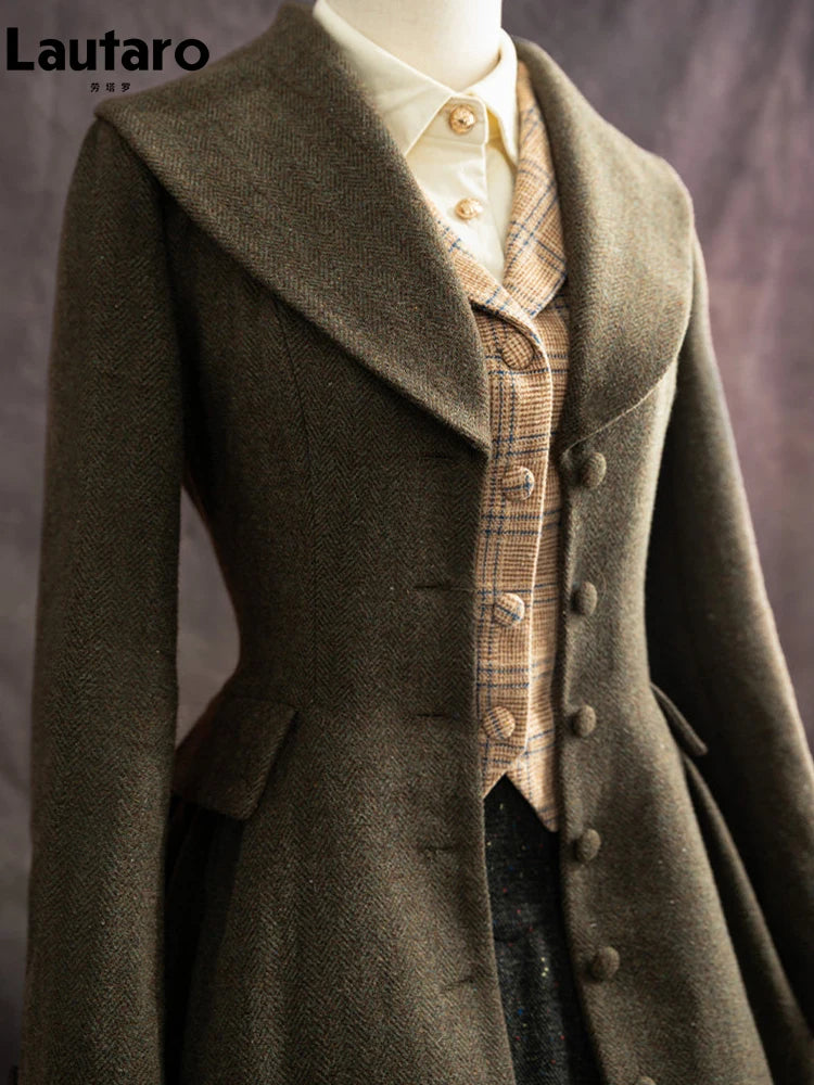 Lautaro Autumn Winter Long Warm Wool & Blends Coat for Women Shawl Collar Single Breasted Elegant Fit and Flare Woolen Overcoat