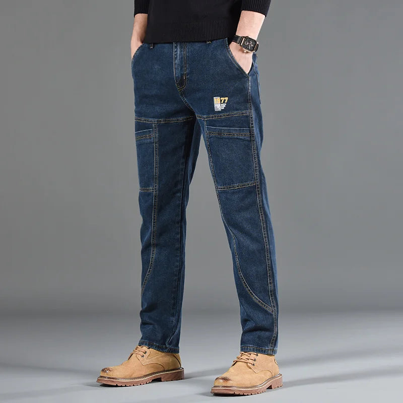 Calça Jeans Masculina Pequena Reta Estampada Seis Bolsos Casual Confortável