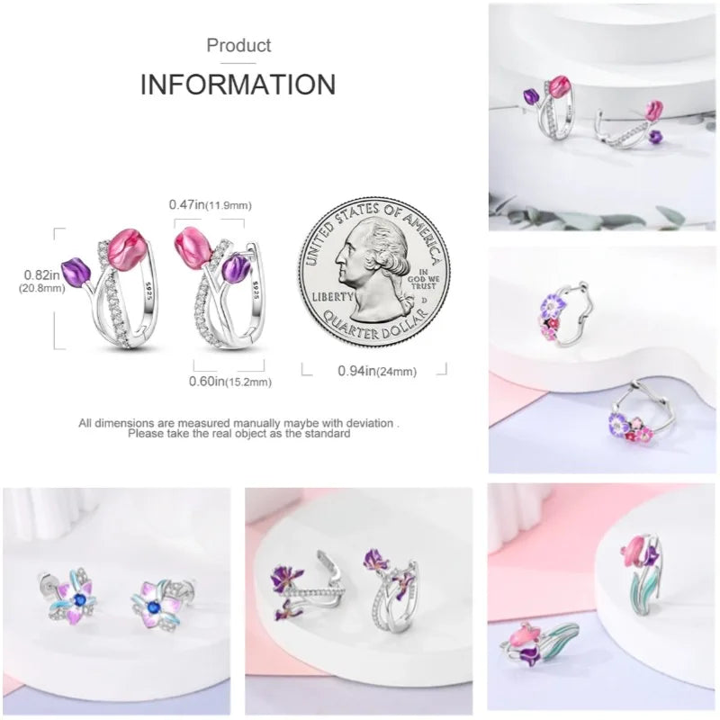 Lucky Clover Earrings 925 Silver Original Zircon Butterfly Dragonfly Chameleons Bee Flower Earrings For Women Jewelry Gift