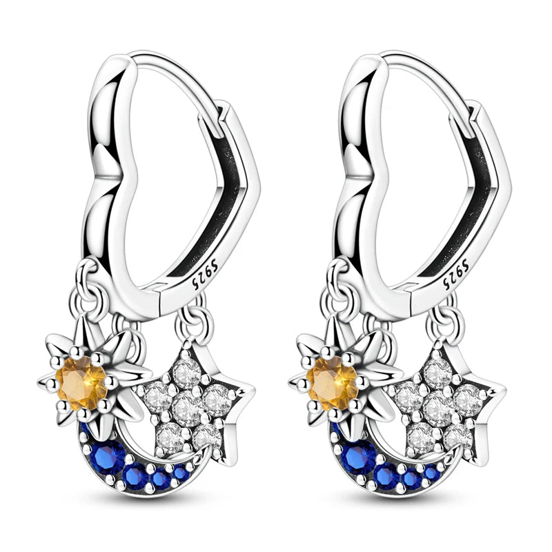 Brincos de Argola Estrela Lua Sol Prata Esterlina 925 Original Estrela Brilhante Zircônia Tassel Brincos Longos para Mulheres Presente de Joia de Luxo