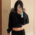 Jaqueta Feminina Curta Coleira de Pelo Preto Retrô Americana com Zíper, Gola de Pelo, Outono Inverno, Quente, Fleece, Design Sense, Cardigã Curto 1 - Xl Preto