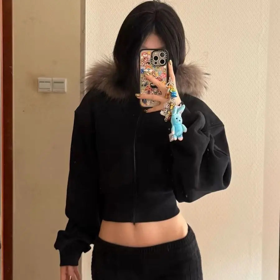 Retro American Black Fur Collar Short Zipper Jacket Womens Autumn Winter Warm Fleece Design Sense Short Cardigan 1 - Xl Black