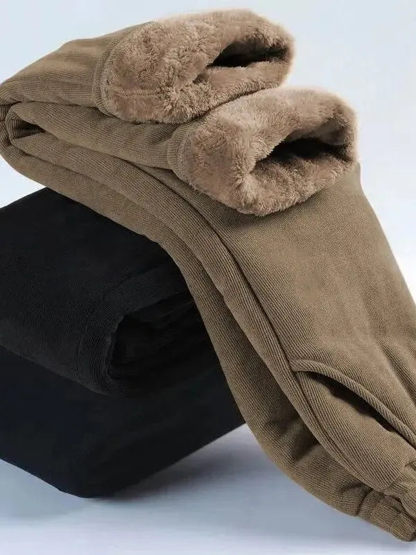 Calça Feminina Extra Grossa de Algodão Quente Forrada em Fleece, Cintura Alta, Calça de Inverno Grossa para Mulheres, Tamanhos Grandes, Calça Longa com Elástico na Cintura
