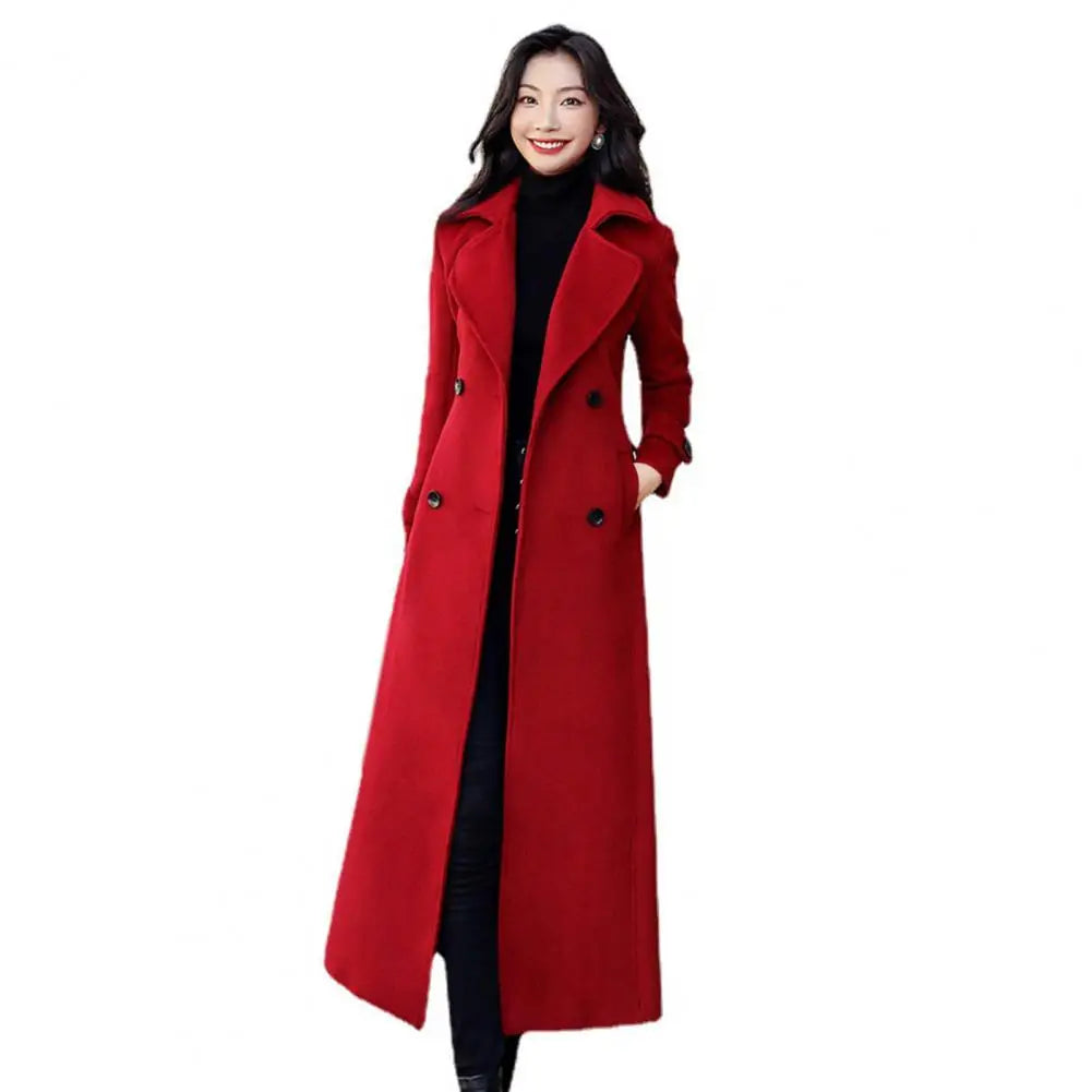 Sobretudo de Inverno Elegante Abotoamento Duplo Cinto na Cintura Jaqueta Longa de Lã Moda Térmica Grossa Feminina Trench Coat de Lã de Inverno