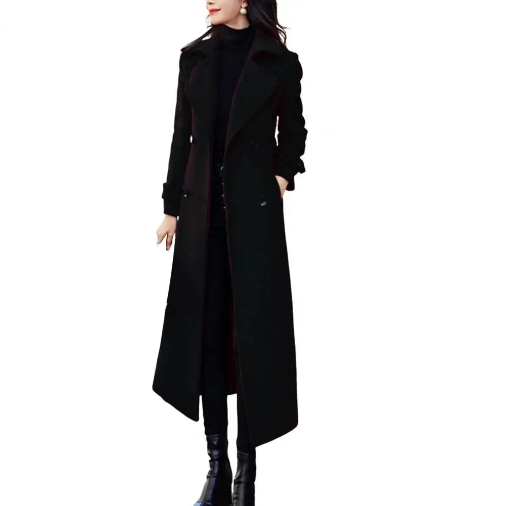Sobretudo de Inverno Elegante Abotoamento Duplo Cinto na Cintura Jaqueta Longa de Lã Moda Térmica Grossa Feminina Trench Coat de Lã de Inverno