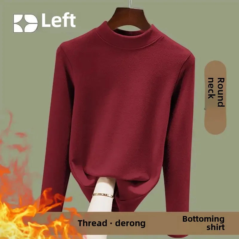 Warm Long Sleeve Crew Neck T Shirt Fashionable Spring Commute Thermal Base Layer Shirt Single Dual Threaded Velvet Polyester Fib - L ([recommended 50.00 kg-57.50 kg]) Elegant green [A046 single piece]]