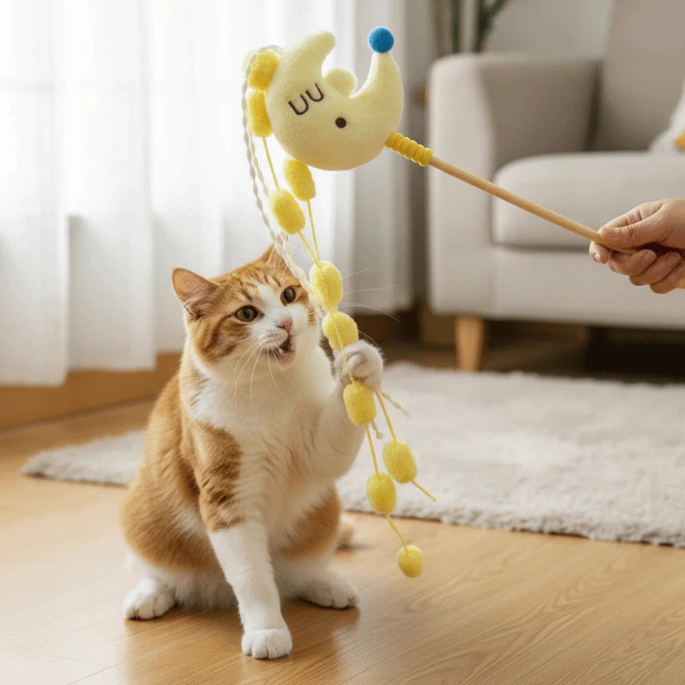 Engraçado Desenho Animado Estrelas Gato Varinha Moons Sonoro Gato Provocando Polo com Borlas Cabo Longo Pet Teaser Aliviando o Tédio