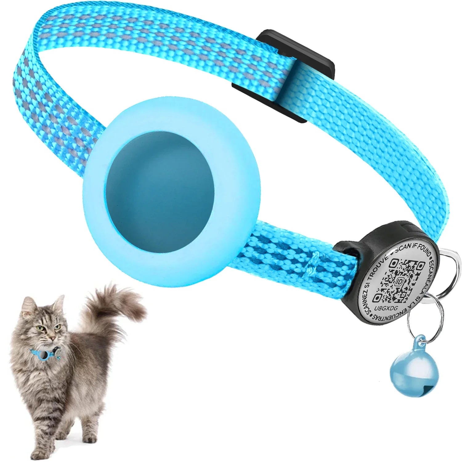 para coleira de gato GPS AirTag com etiqueta QR, coleira refletiva Apple Tag para animais de estimação com suporte para AirTag e etiqueta de gato, coleira de gatinho com estojo AIRTAG