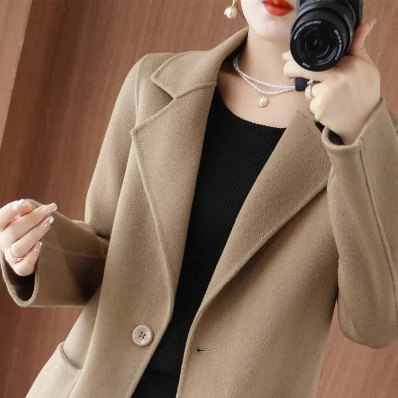Jaqueta Feminina Casaco De Lã Cashmere Dupla Face 100% Pura Lã Outono Inverno Novo Casaco Corta-Vento De Lã Slim De Um Botão De Comprimento Médio