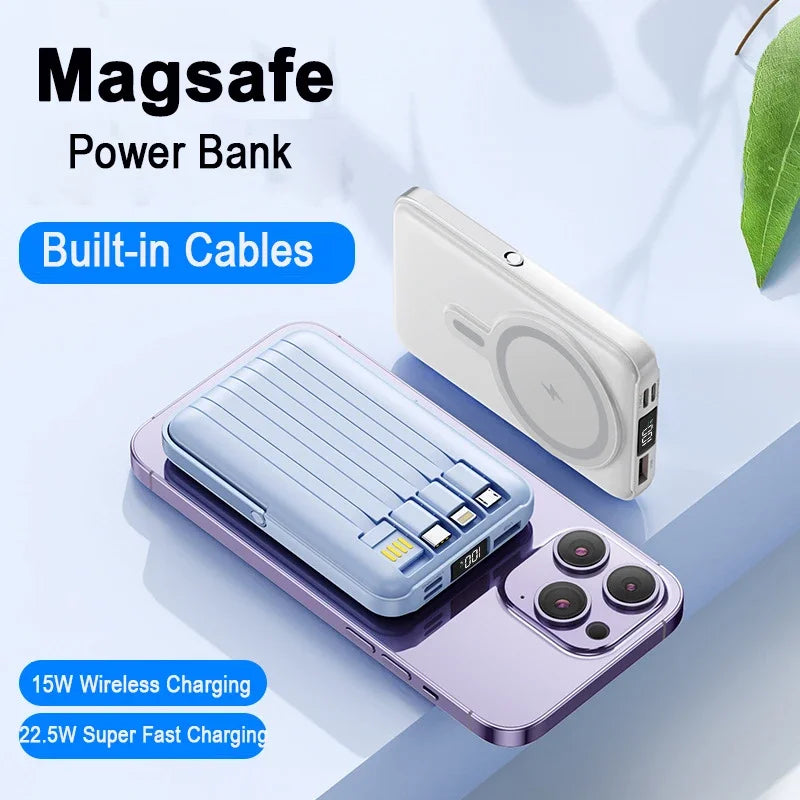 Magnetic Power Bank 20000mAh Fast Charging Wireless Cables Stand Portable