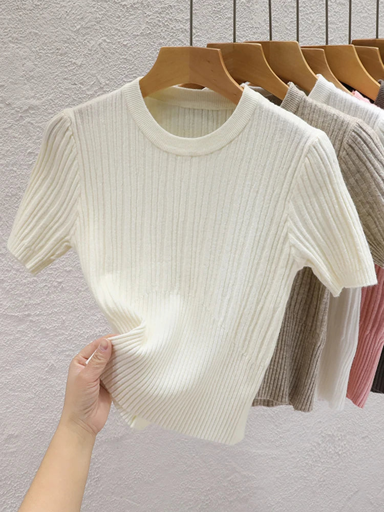 Camisetas de verão 2026 femininas casuais coreanas de malha streetwear tees básicas sólidas jovens blusas frescas - Vermelho Tamanho Único
