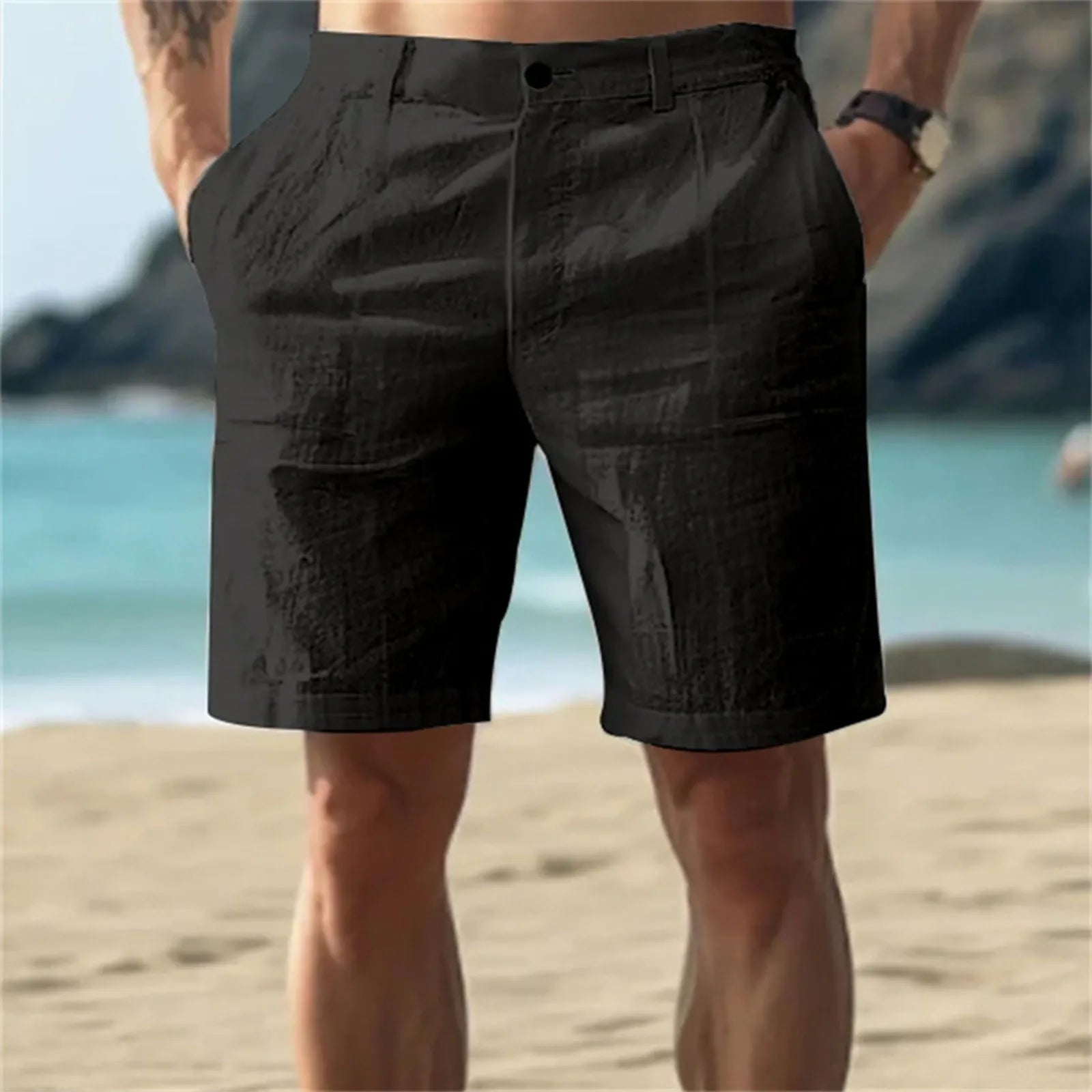 Calças Masculinas de Linho com Cor Sólida Casuais para Praia, Respiráveis, Confortáveis e Retas, Curtas, Estilo Havaiano para Férias de 2025