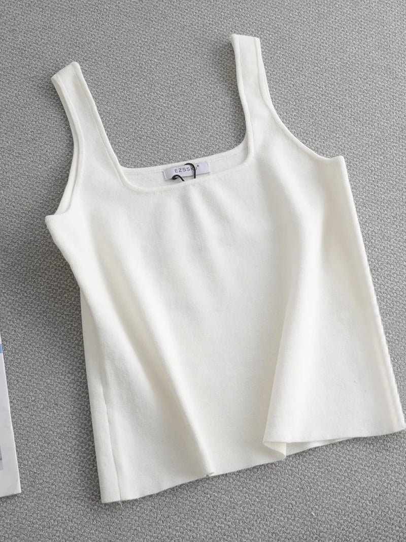 Regata de malha branca de verão com decote U de alta qualidade, chique, básica, feminina, sexy, camiseta sem mangas, top vintage, camiseta casual cropped