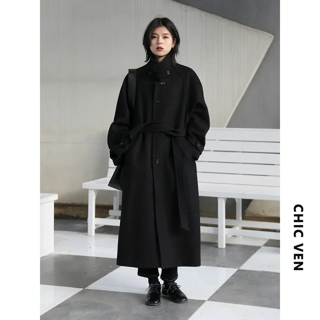 CHIC VEN Casaco Trench Longo Feminino Gola Alta Cinto Amarração Lã Manga Raglan Sobretudo Longo Escritório Senhora Outono Inverno 2024