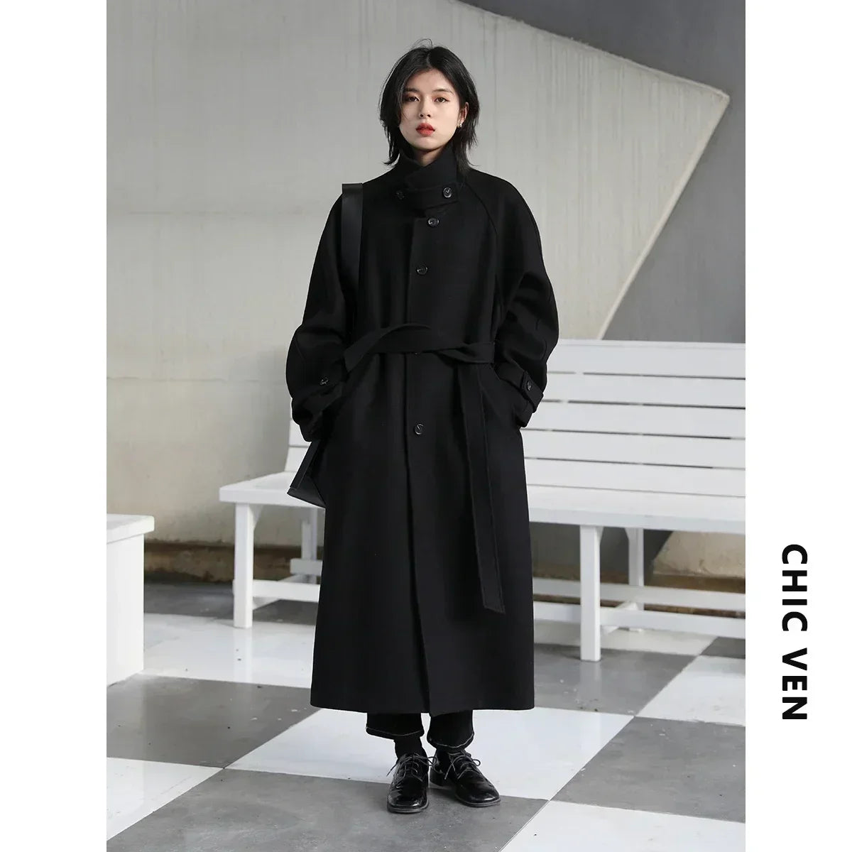 CHIC VEN Casaco Trench Longo Feminino Gola Alta Cinto Amarração Lã Manga Raglan Sobretudo Longo Escritório Senhora Outono Inverno 2024