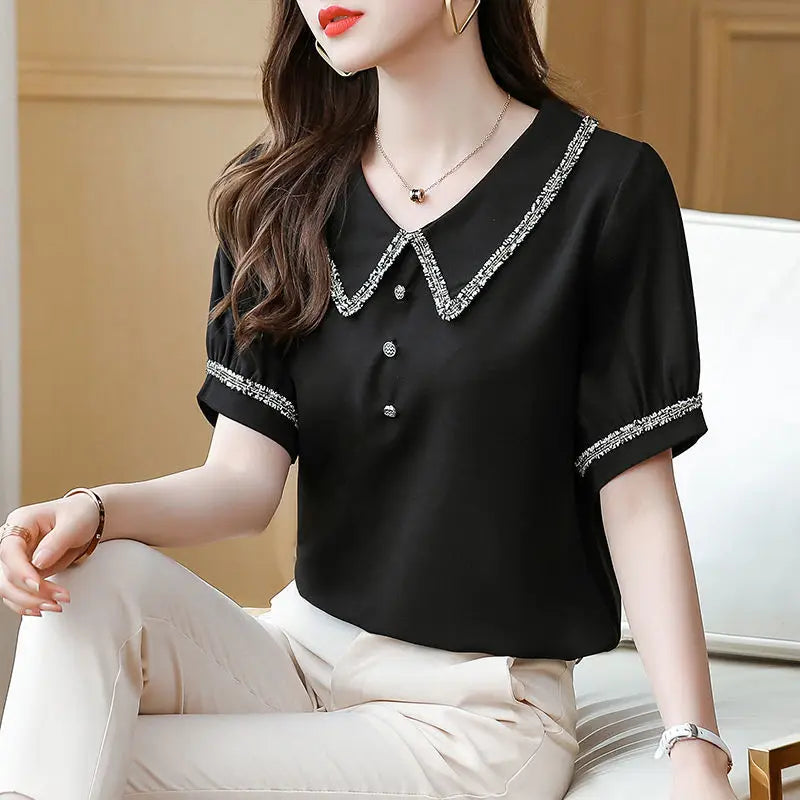 Blusas e Camisas Femininas Chiffon Roupa Social de Manga Curta Gola Formal para Trabalho Escritório Moda Preta Feminina Novidade 2025