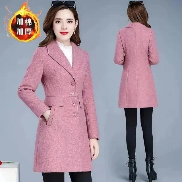 2025 Outono Inverno Novo Casaco Feminino De Lã Médio Longo Fino De Lã De Abotoamento Simples Moderno Casaco Feminino Grosso Casual - Forro rosa G