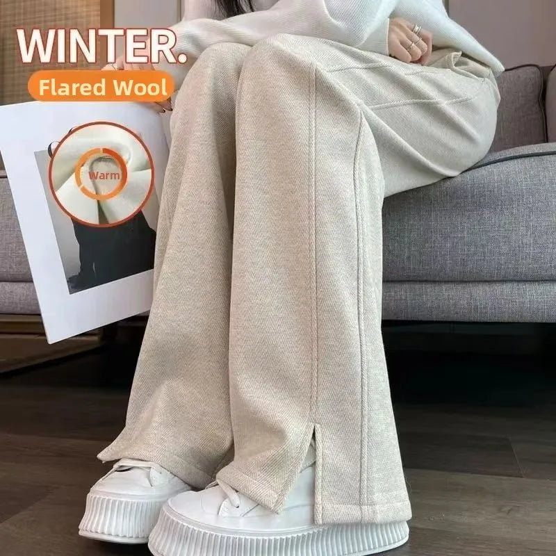 Calça Feminina Cintura Alta Perna Larga Casual Reta Forrada com Lã Grossa Calças Outono Inverno Novo Estilo da Moda