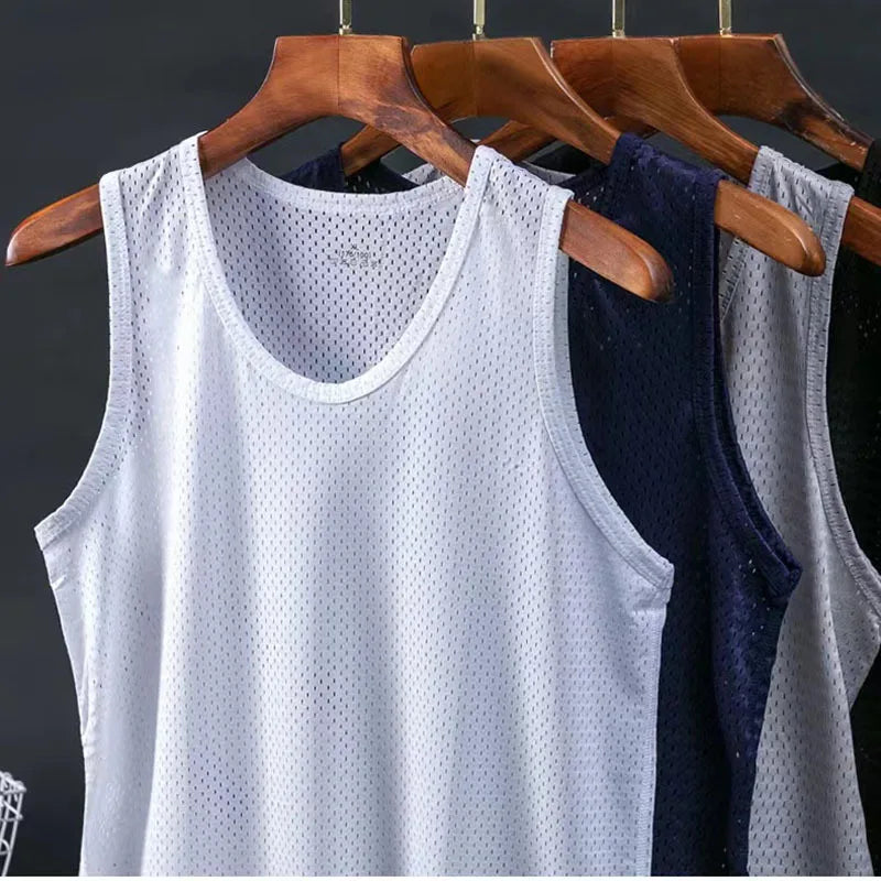 Regatas Masculinas em Malha de Seda Gelada, Regata de Academia Transparente para Musculação, Camiseta Sem Mangas, Colete Fitness Masculino, Regatas de Musculação em Malha