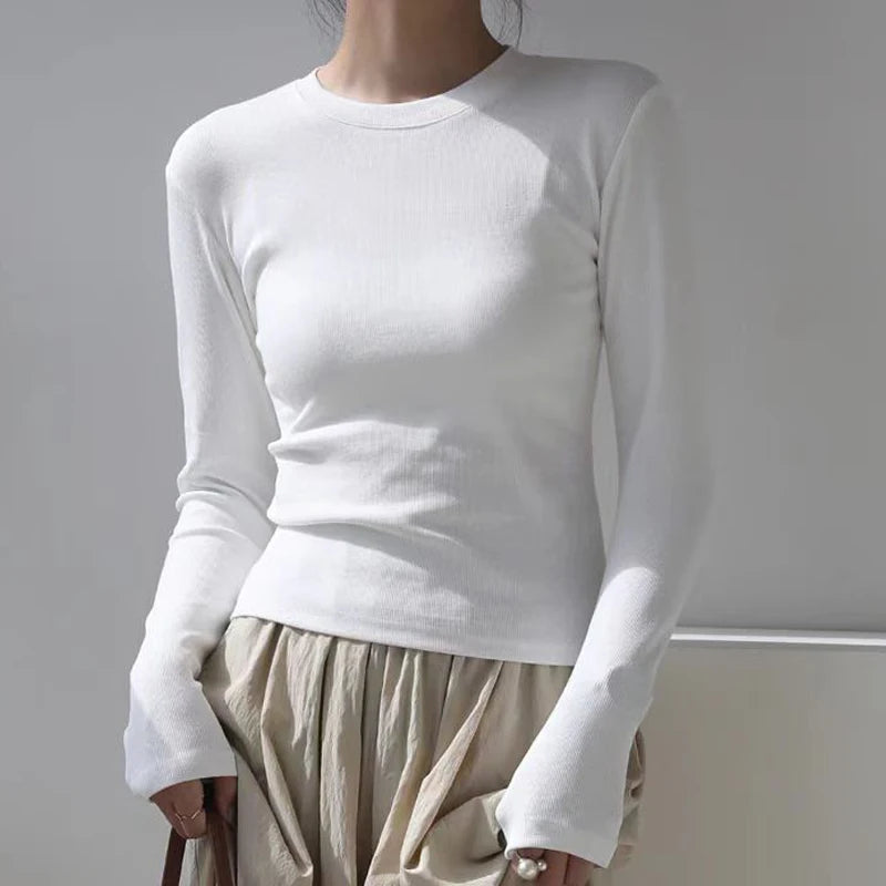 Cotton O Neck Long Sleeve Shirt Women Sexy Cropped Tops 2026 Autumn Black Casual Skinny Slim Basic Woman T Shirts White Clothing - White M