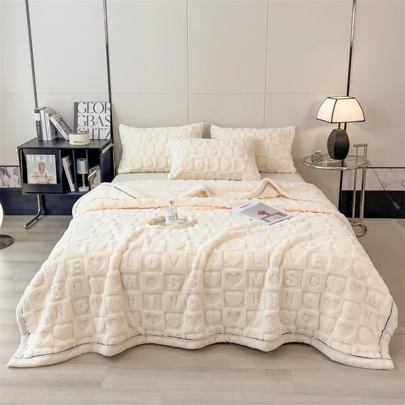 Heart Pattern Coral Fleece Blanket Spring Autumn Cozy Thicken Warm Plush Blanket for Bed Fluffy Super Soft Sofa Throw Blankets