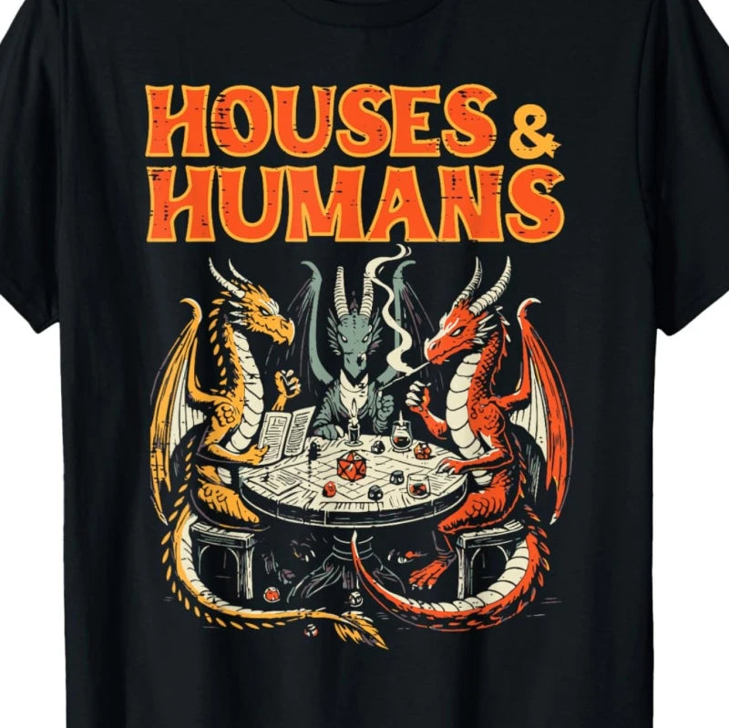 Camiseta Masculina Divertida Inspirada em Dungeons&Dragons - Top de Jogador RPG Paródia House&Humans com Design de Batalha de Dragão e Mago