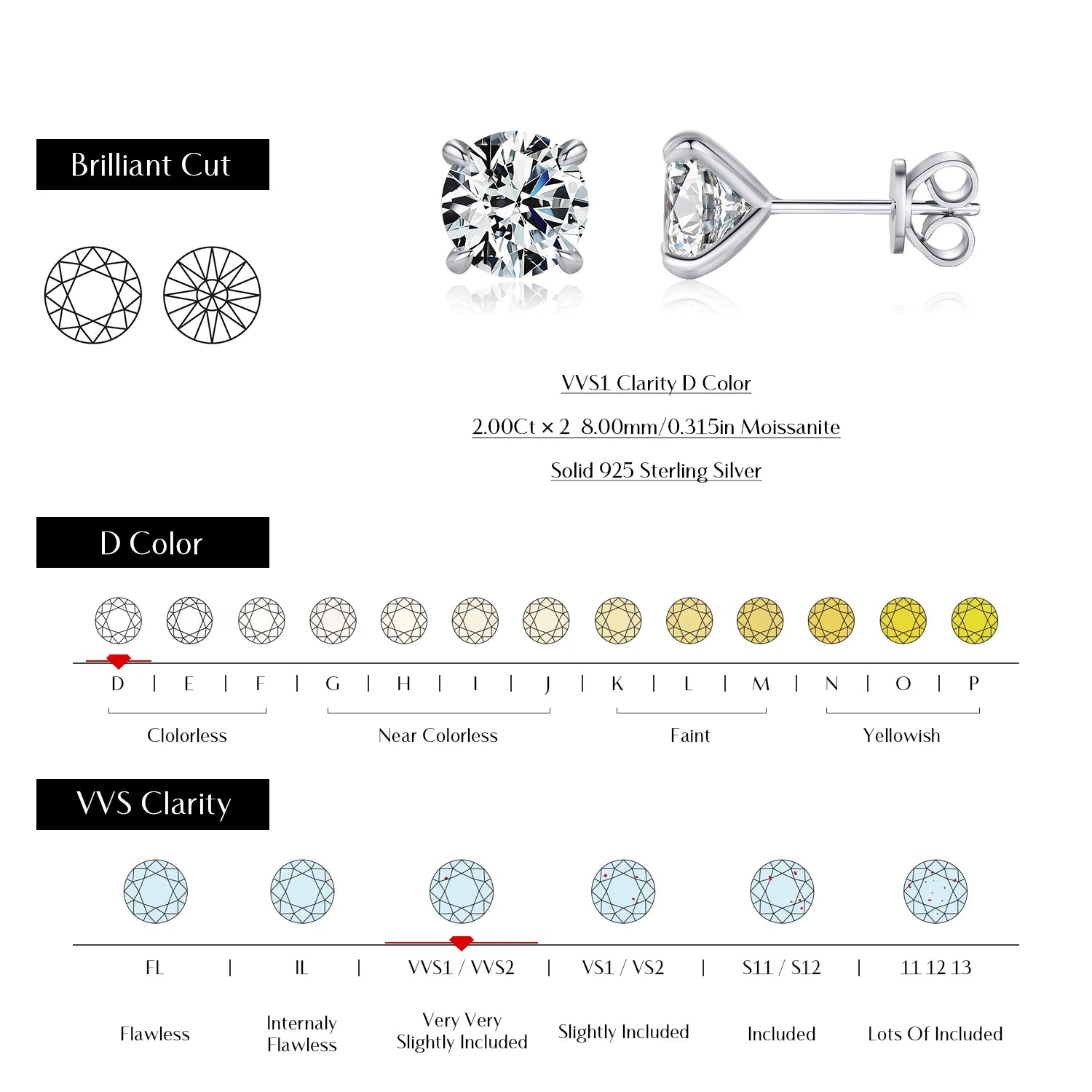 MODIAN Brincos de Moissanite de 5 Tamanhos Cor D Brincos de Tarraxa de Prata Esterlina 925 Brilhantes de Luxo Para Mulheres Joias Finas de Casamento