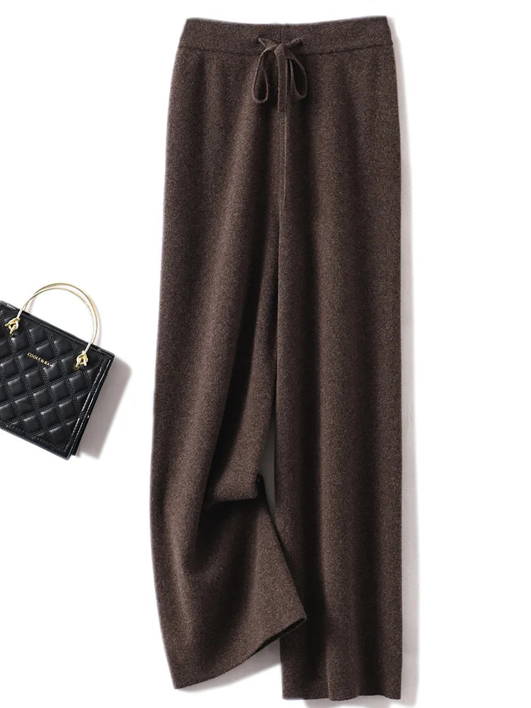 Calças Femininas Outono Inverno Básicas Macias Casuais com Faixas Calças de Malha de Lã Merino 100% Coreanas Populares - Gaoya Camel M