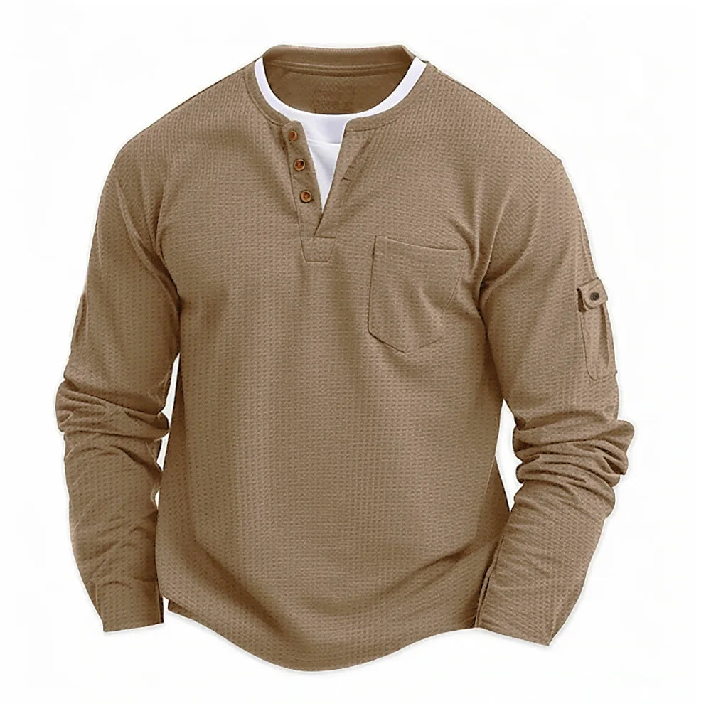 Camiseta Henley Masculina Manga Longa Casual com Botões Lisa de Algodão Waffle Falsa de Duas Peças